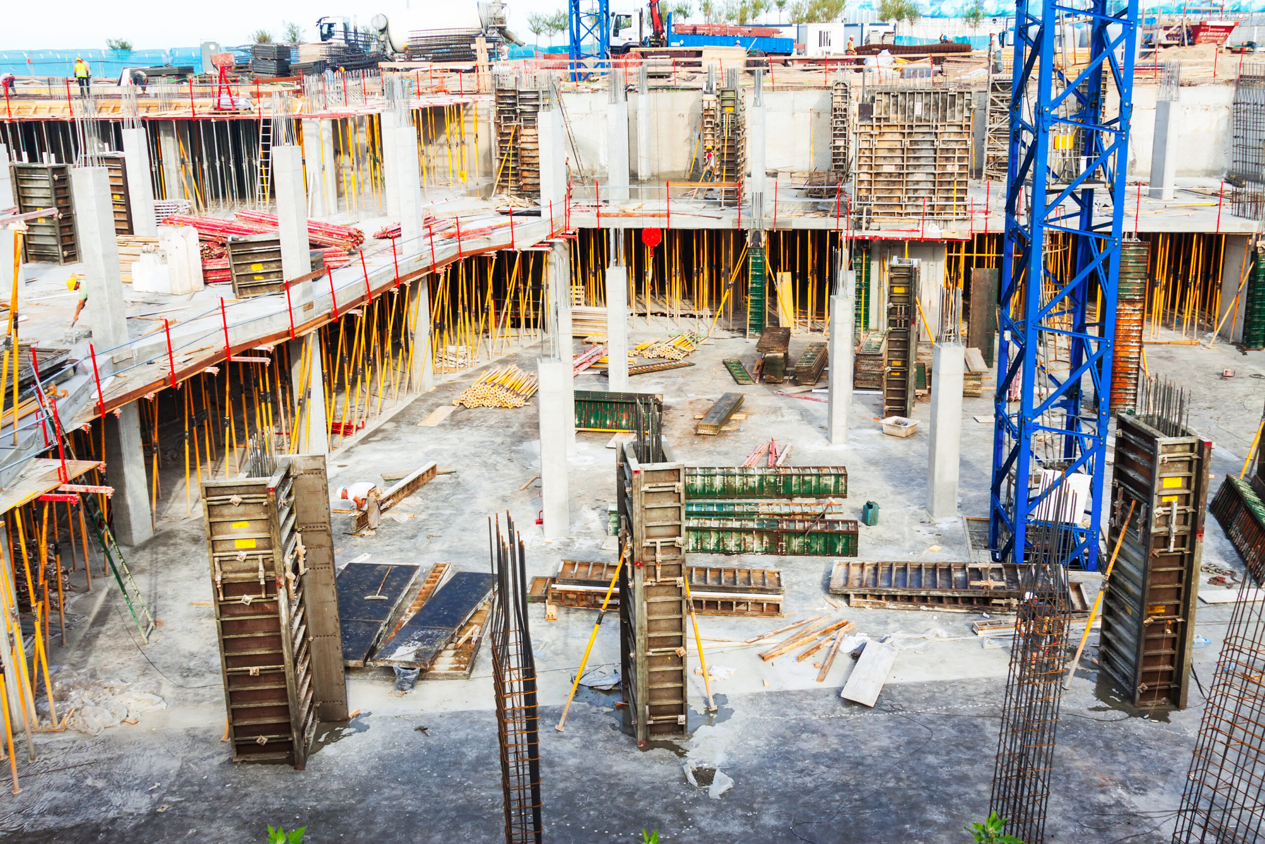 View of construction work site. Building  concrete house